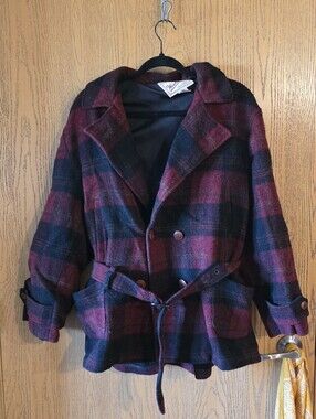 90s Woolrich Burgundy & Black Plaid Belted Pea Coat